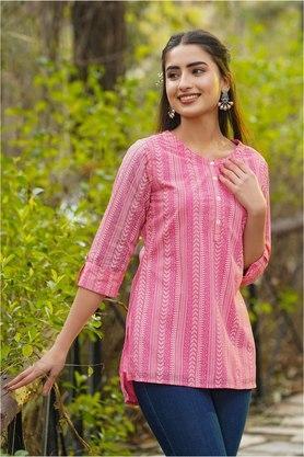 printed georgette round neck womens high-low tunic - pink