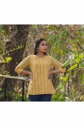 printed georgette round neck womens high-low tunic - yellow