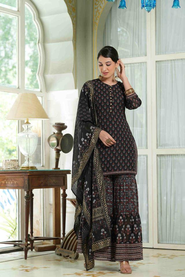 printed georgette round neck womens kurta sharara dupatta set