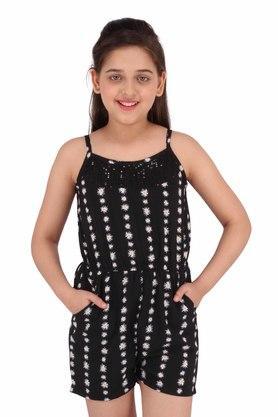 printed georgette square neck girls casual jumpsuit - black