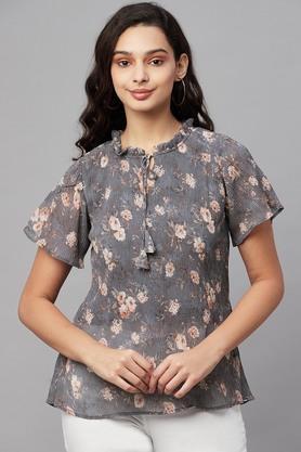 printed georgette square neck women's top - grey