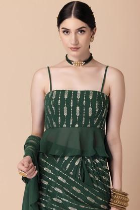printed georgette square neck women's tops - green