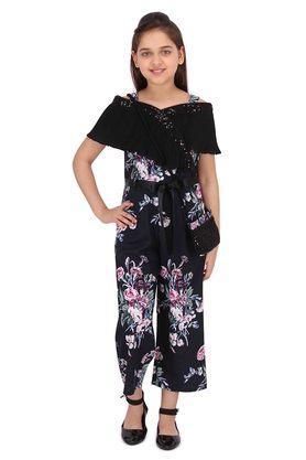 printed georgette sweetheart neck girls party jumpsuit - black