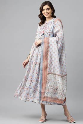 printed georgette tie up neck women's gown with dupatta - grey