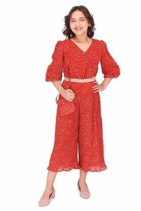 printed georgette v neck girls casual wear jumpsuits - red