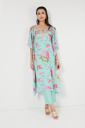 printed georgette v-neck women's festive wear flared kaftan - blue