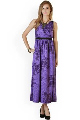 printed georgette v-neck women's knee length dress - purple