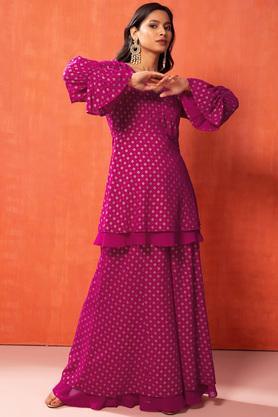 printed georgette v-neck women's kurta set - pink