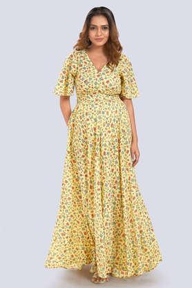 printed georgette v neck women's maxi dress - yellow