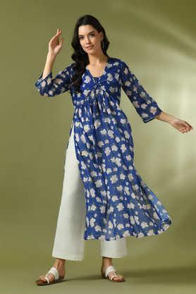 printed georgette v-neck women's party wear kurta - blue