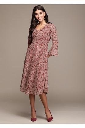 printed georgette v neck womens knee length dress - maroon