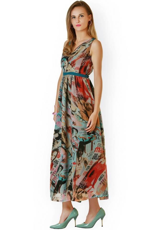 printed georgette v-neck womens knee length dress