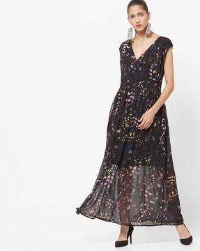 printed gown with surplice neckline