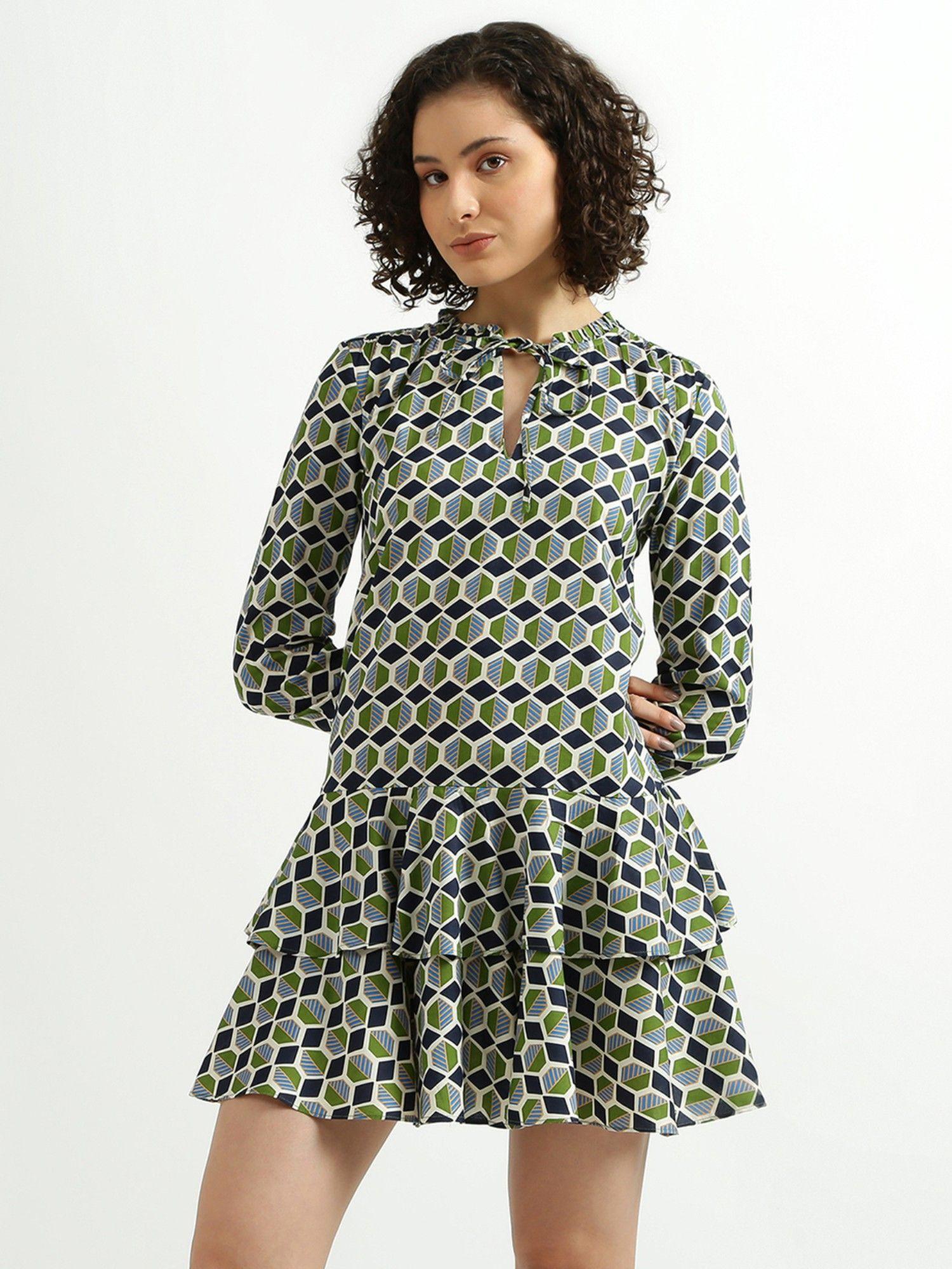 printed green and navy blue ruffle dress