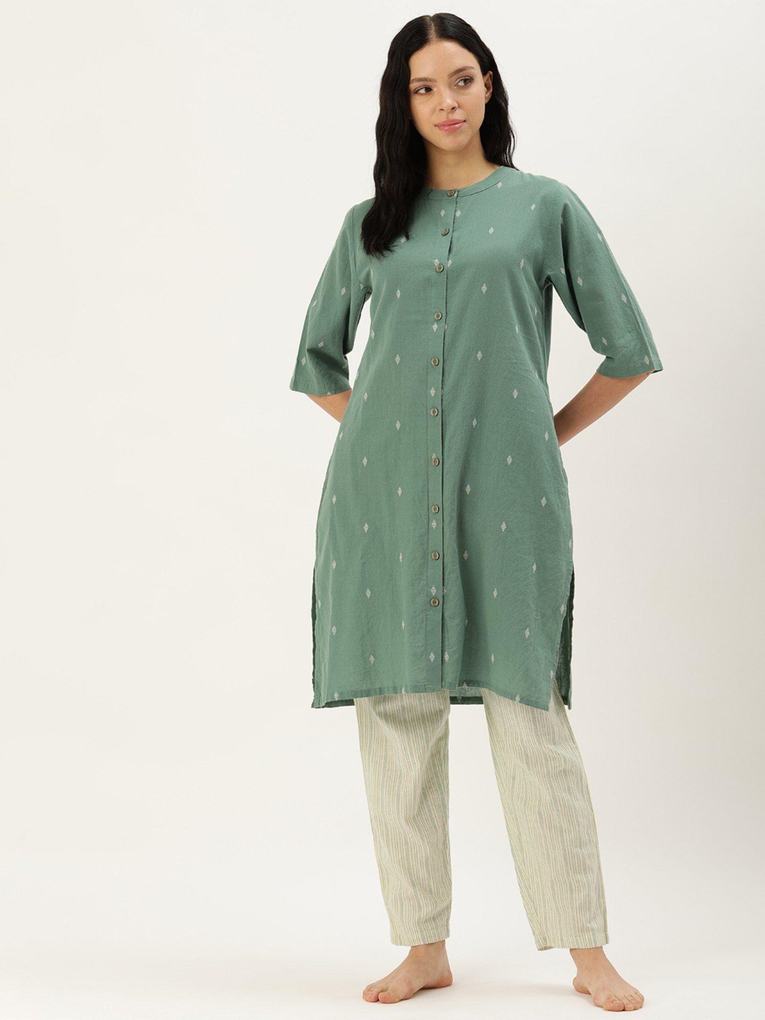 printed green kurta & pyjama (set of 2)