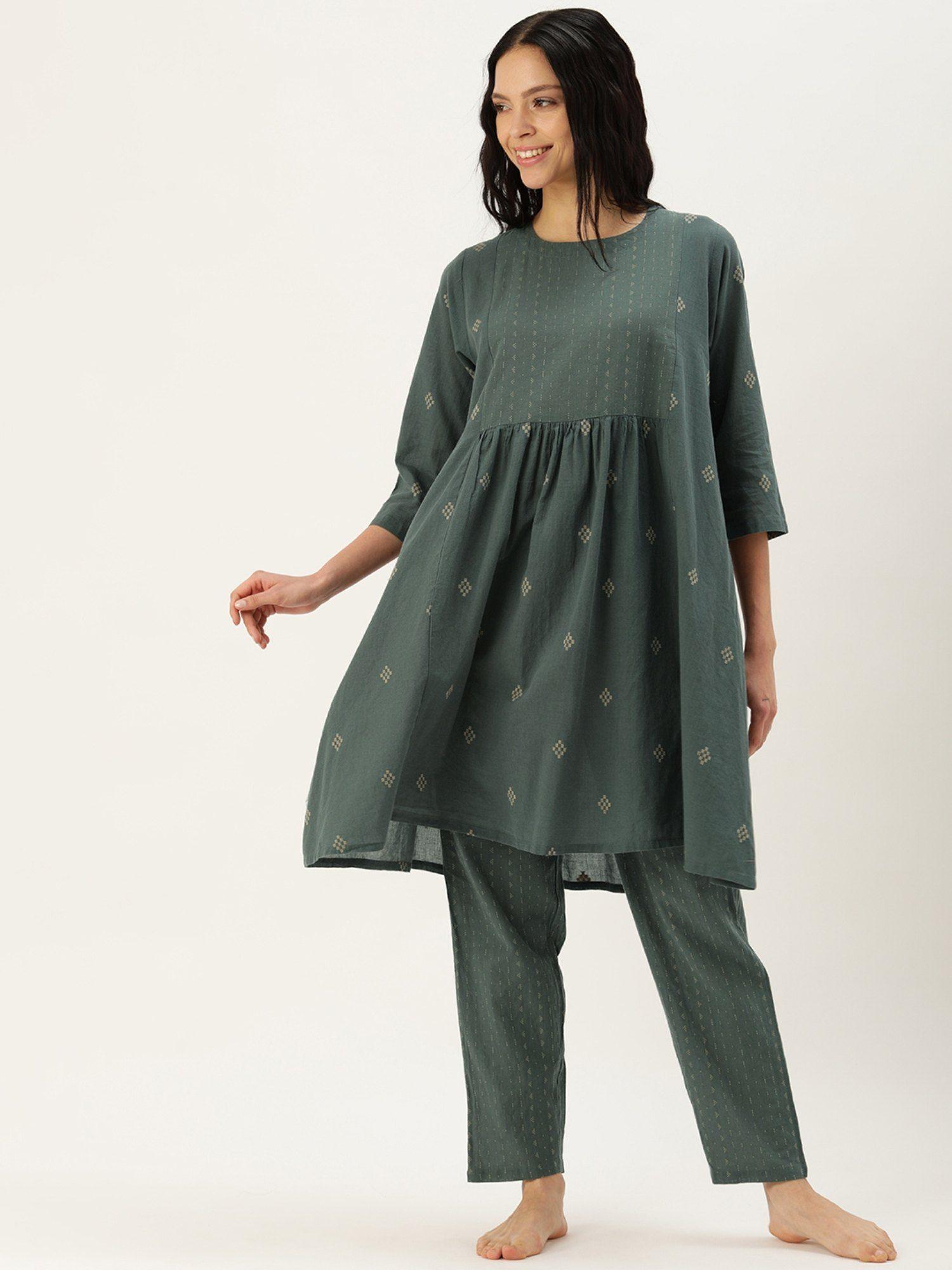 printed green kurti and pyjama (set of 2)