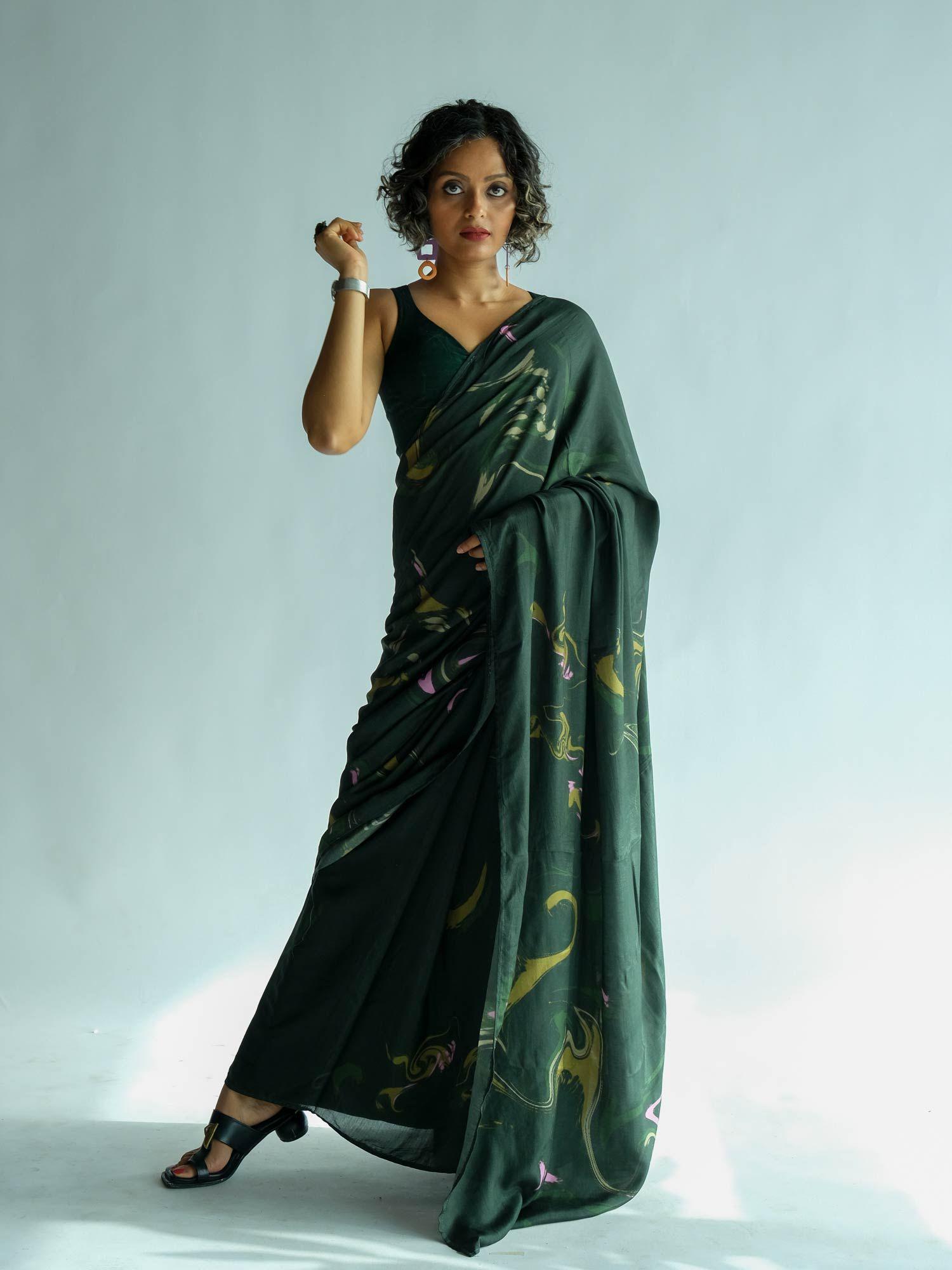 printed green modal saree