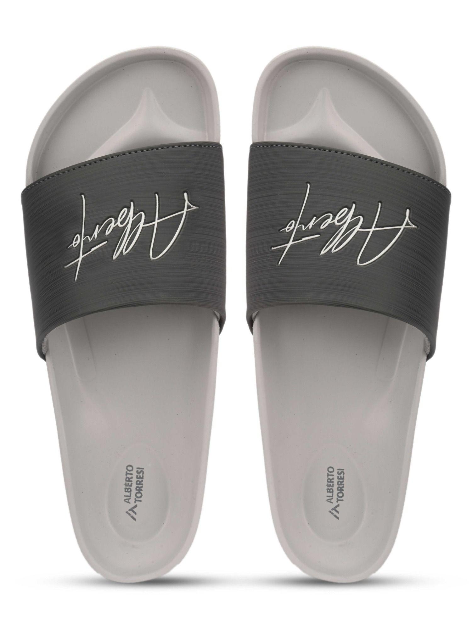 printed grey synthetic slides for men