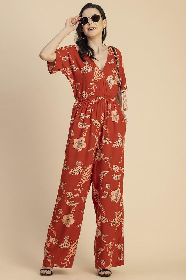 printed half sleeves rayon womens full length jumpsuit