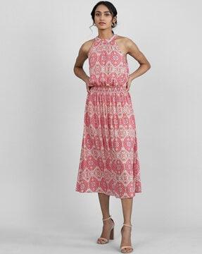 printed halter-neck a-line dress