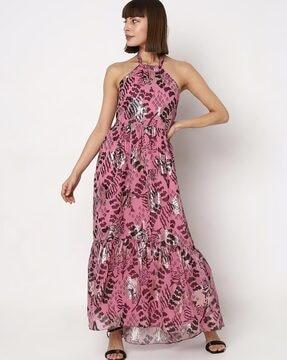 printed halter-neck a-line dress