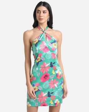 printed halter-neck bodycon dress