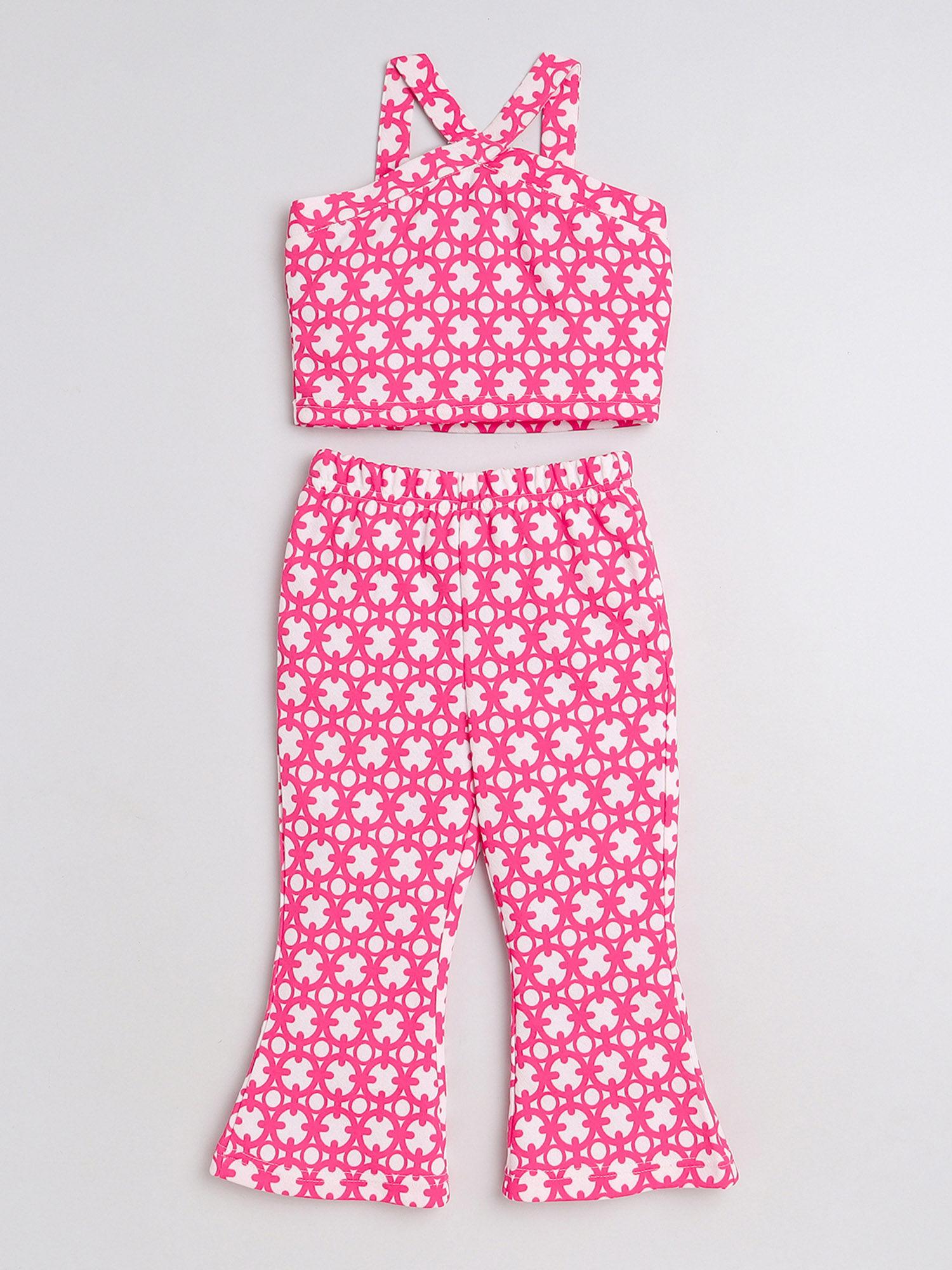 printed halter neck crop top & flared pant-pink-white (set of 2)
