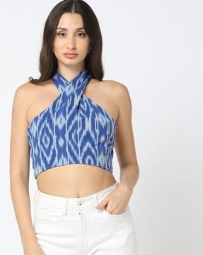 printed halter-neck crop top with tie-up