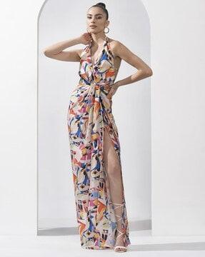 printed halter-neck draped a-line dress