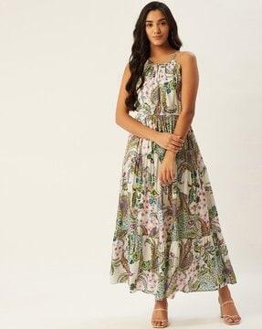 printed halter-neck fit & flare dress