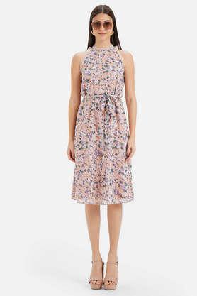printed halter neck polyester women's midi dress - peach