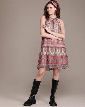 printed haltered a-line dress