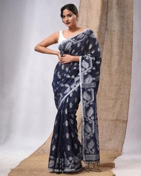 printed handwoven saree with tassels