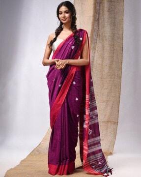 printed handwoven saree with tassels