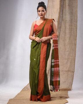 printed handwoven saree with tassels