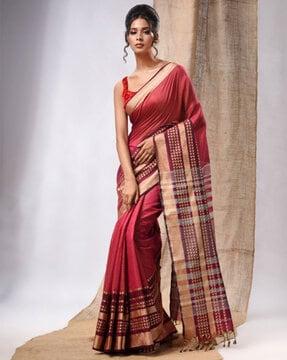 printed handwoven saree with tassels