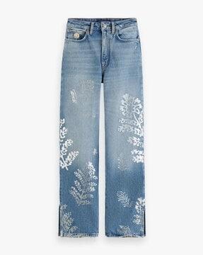 printed heavily washed straight fit jeans