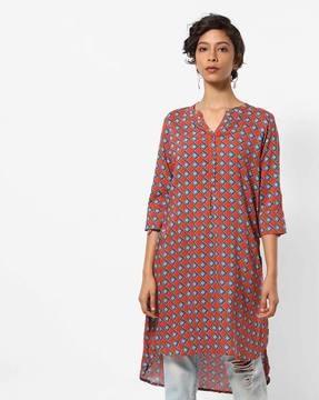 printed high-low straight kurti with notched neck