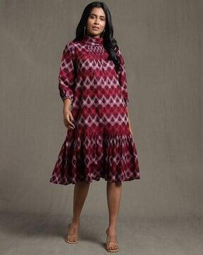 printed high-neck a-line dress with ruffled hem