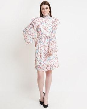 printed high-neck a-line dress with smocked detail