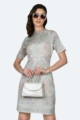 printed high neck polyester blend women's mini dress - off white
