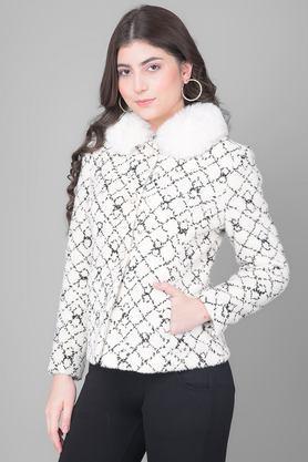 printed high neck polyester women's casual wear coat - off white