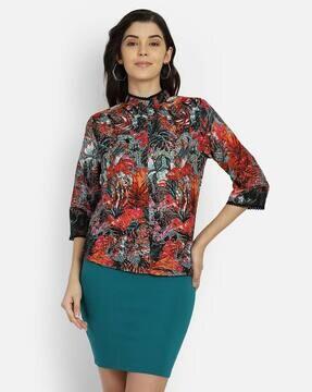 printed high-neck top with embellishments