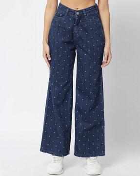 printed high-rise wide jeans