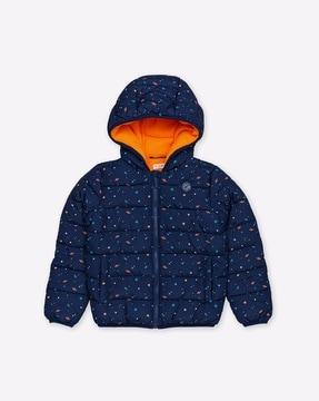 printed hooded puffer jacket with slip pockets