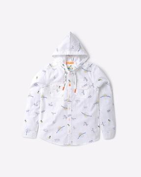 printed hooded shirt with flap pockets