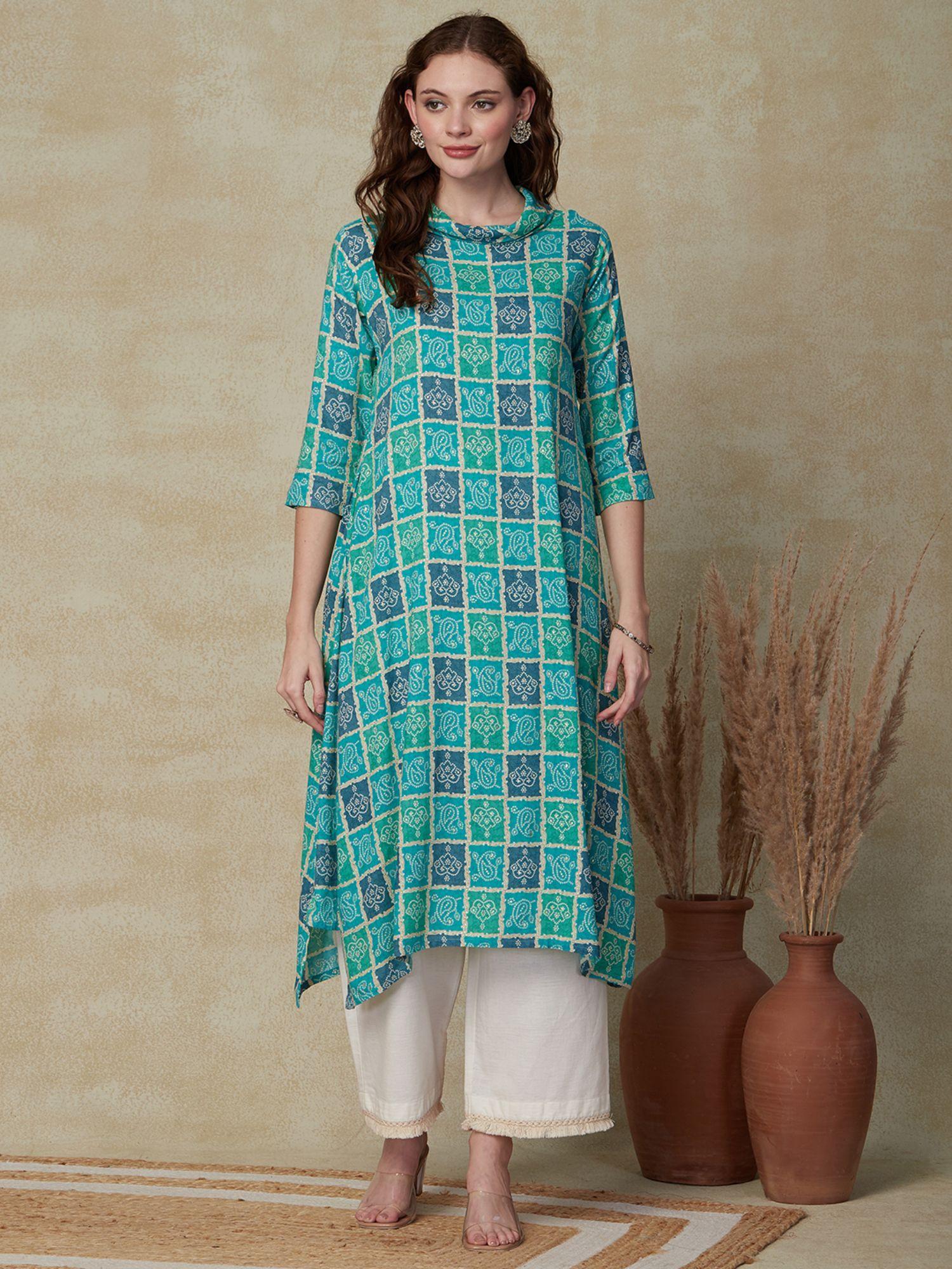 printed indo-western kurta - turquoise blue