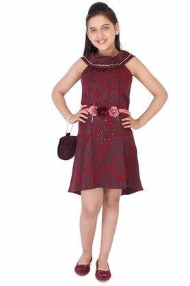 printed jacquard boat neck girls casual wear dress - plum