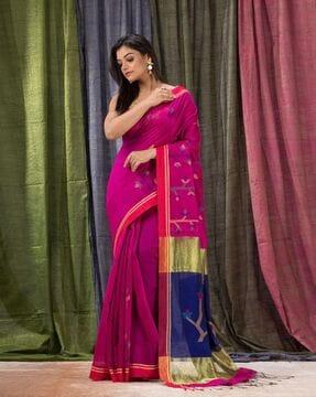printed jamdani saree with contrast pallu