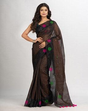 printed jamdani saree with tassels